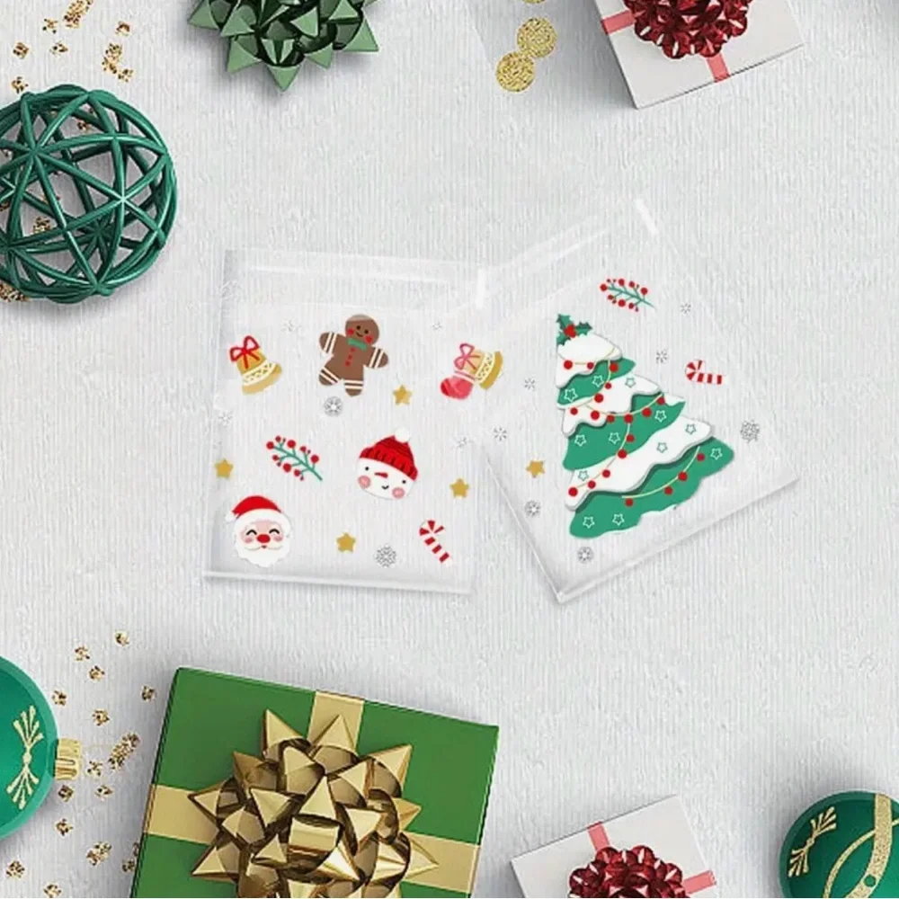 Christmas Self-Adhesive Transparent Plastic Gift Bags 25 ct w/ 5 Designs-NIP
